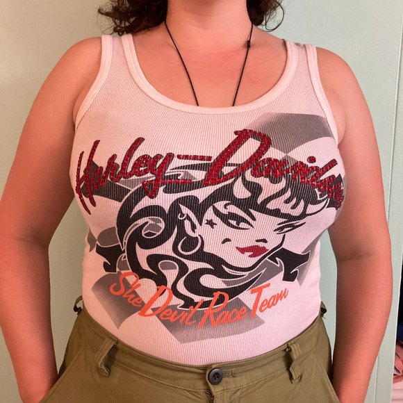 Harley-Davidson Tops - L Harley Davidson Motor Clothes white ribbed tank top red bedazzled